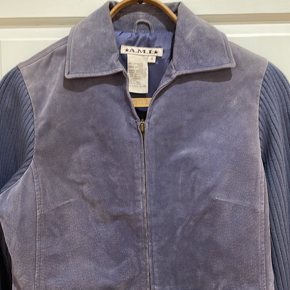 A.M.I || Genuine Leather Jacket with Knit Sleeves and Zipper Front; Size S - Picture 4 of 8